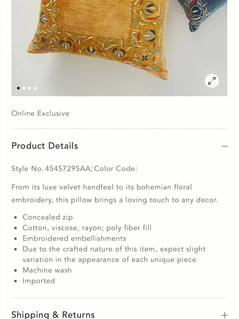 Anthropologie Satyana Embroidered Velvet Throw Pillow Rectangular Blue